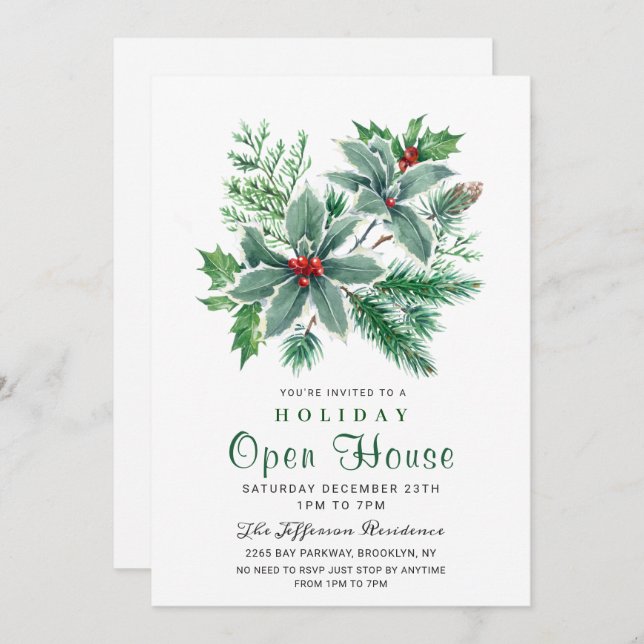 Festive Holly Berry Christmas Holiday Open House Invitation (Front/Back)