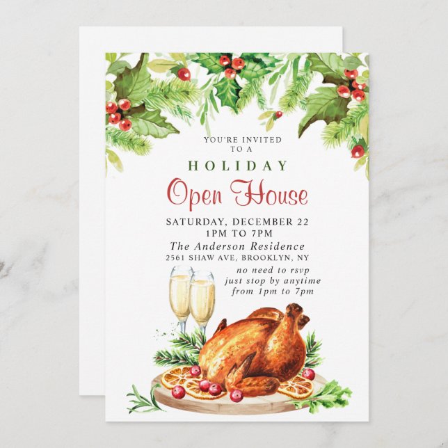 Festive Holly Berry Christmas Holiday Open House Invitation (Front/Back)