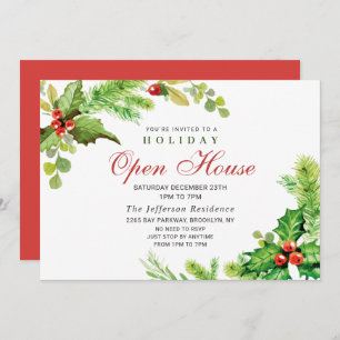 Festive Holly Berry Christmas Holiday Open House Invitation