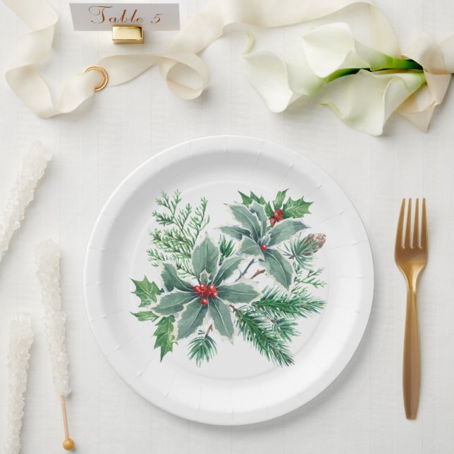 Festive Holly Berry Christmas Holiday Party Paper Plate (Wedding)