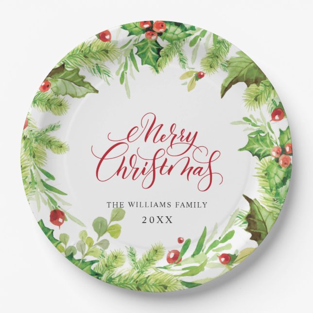 Festive Holly Berry Christmas Holiday Party Paper Plate (Front)