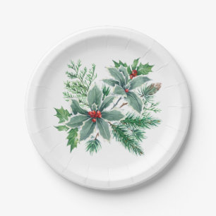 Festive Holly Berry Christmas Holiday Party Paper Plate
