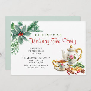 Festive Holly Berry Christmas Holiday Tea Party Invitation