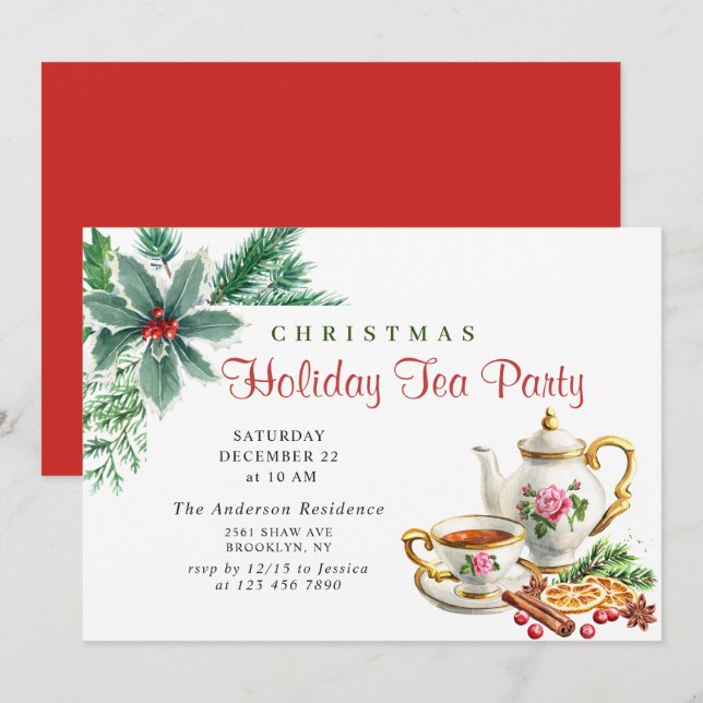 Festive Holly Berry Christmas Holiday Tea Party Invitation (Front/Back)