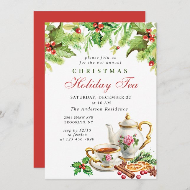 Festive Holly Berry Christmas Holiday Tea Party Invitation (Front/Back)