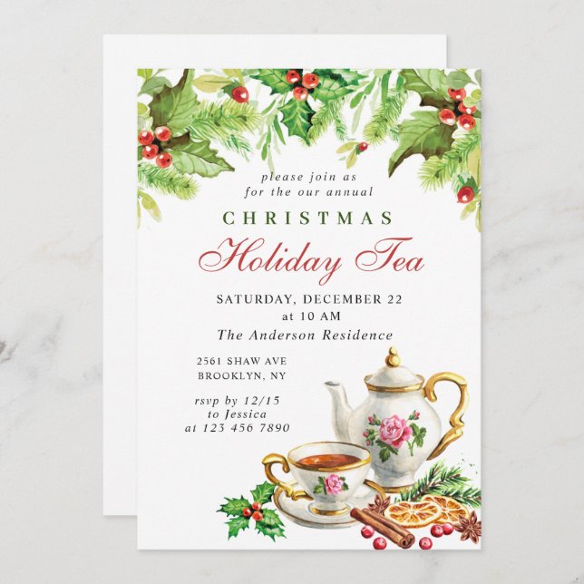 Festive Holly Berry Christmas Holiday Tea Party Invitation (Front/Back)