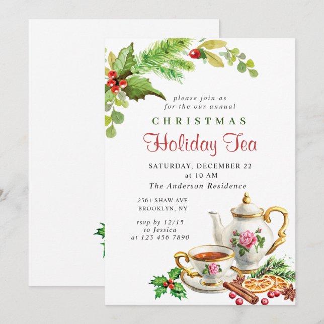Festive Holly Berry Christmas Holiday Tea Party Invitation (Front/Back)