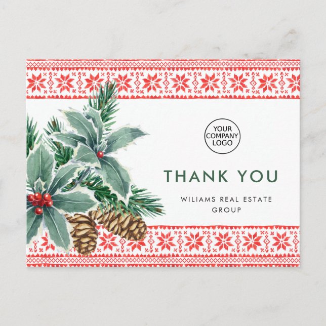 Festive Holly Berry Christmas Holiday Thank You Postcard (Front)