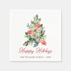 Festive Holly Berry Christmas Tree Holiday Napkin