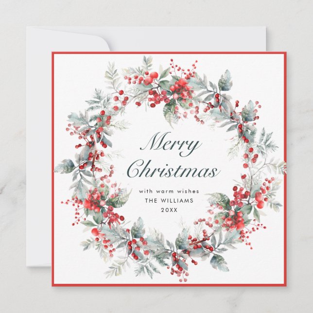 Festive Holly Berry Christmas Wreath Boho Holiday Card (Front)
