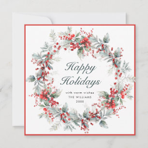 Festive Holly Berry Christmas Wreath Boho Holiday Card