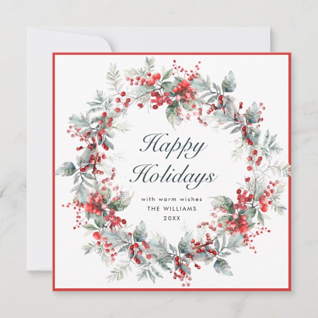 Festive Holly Berry Christmas Wreath Boho Holiday Card (Front)