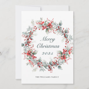 Festive Holly Berry Christmas Wreath Holiday Card