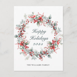 Festive Holly Berry Christmas Wreath Holiday Postcard