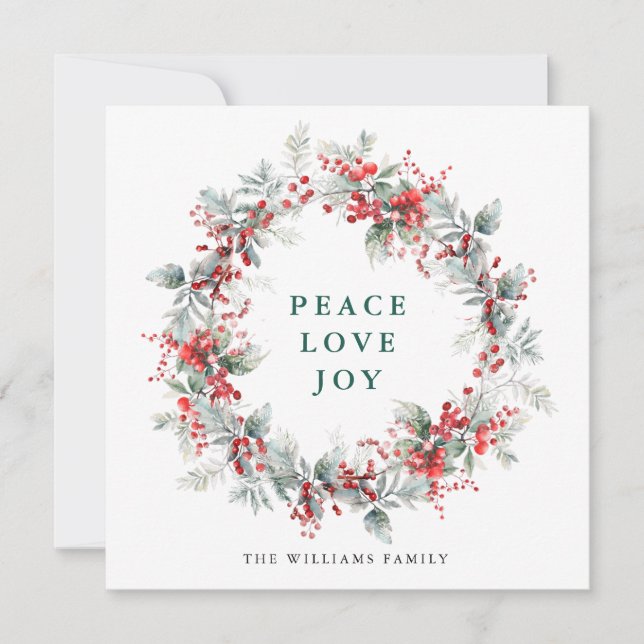 Festive  Holly Berry Christmas Wreath Modern Holiday Card (Front)