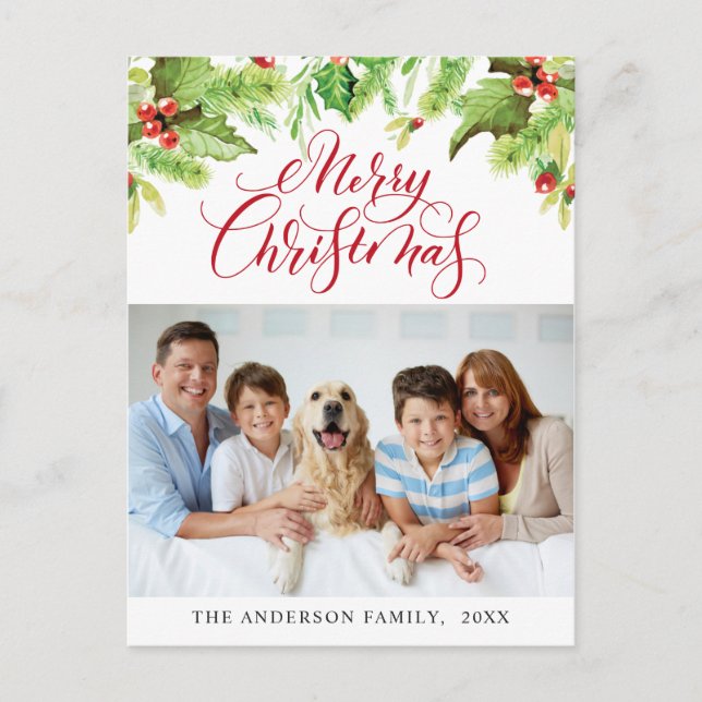 Festive Holly Berry Merry Christmas Holiday PHOTO Postcard (Front)