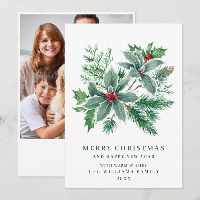 Festive Holly Berry PHOTO Christmas Greeting Holiday Card (Front/Back)