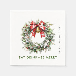 Festive Holly Berry Pine Wreath Christmas Party Napkin