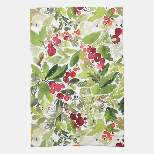 Festive Holly Berry Watercolor  Tea Towel (Vertical)