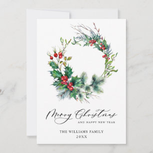 Festive Holly Berry Wreath Christmas Greeting Holiday Card