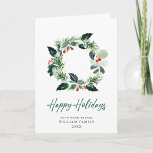 Festive Holly Berry Wreath Christmas Greeting Holiday Card