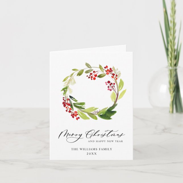Festive Holly Berry Wreath Christmas Greeting Holiday Card (Front)