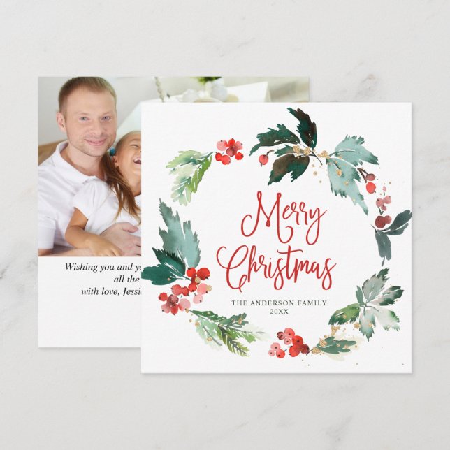 Festive Holly Berry Wreath Christmas PHOTO Holiday Card (Front/Back)