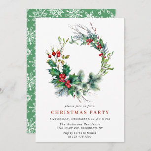 Festive Holly Berry Wreath Holiday Christmas Party Invitation