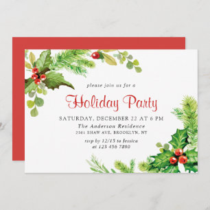 Festive Holly Berry Wreath Holiday Christmas Party Invitation