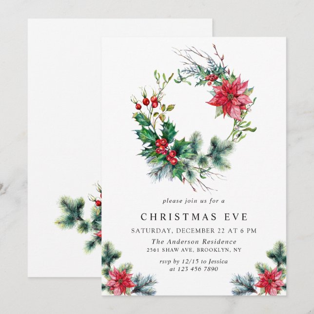 Festive Holly Berry Wreath Holiday Christmas Party Invitation (Front/Back)