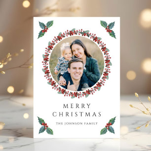 Festive Holly Botanical Greenery Photo Christmas Holiday Card