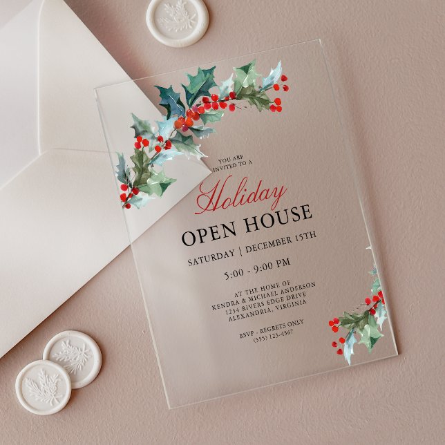 Festive Holly Christmas Holiday Open House Acrylic Invitations (Creator Uploaded)