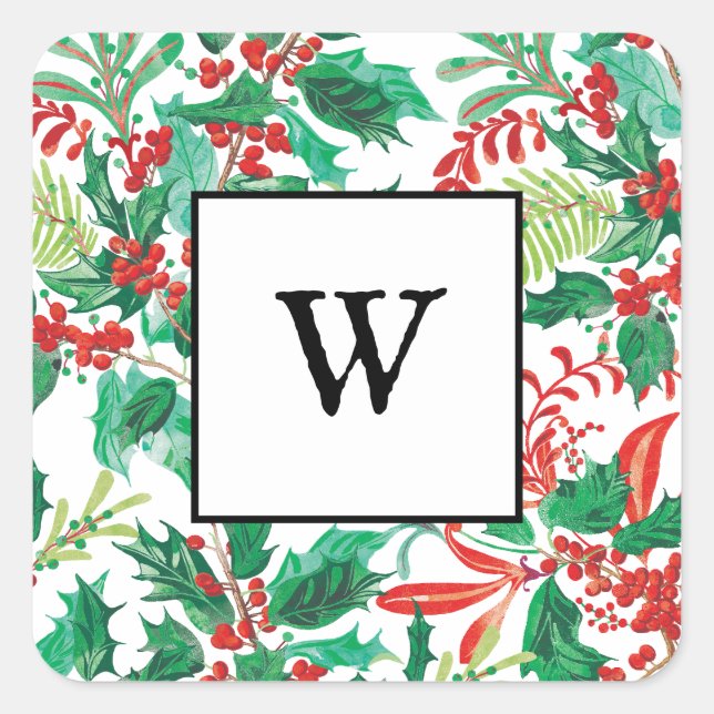 Festive Holly Christmas Monogram Sticker (Front)