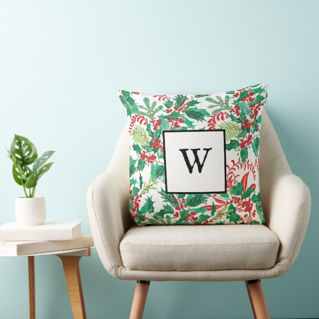Festive Holly Christmas Monogram Throw Pillow (Chair)