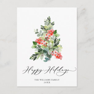 Festive Holly Christmas Tree Greeting Holiday Postcard