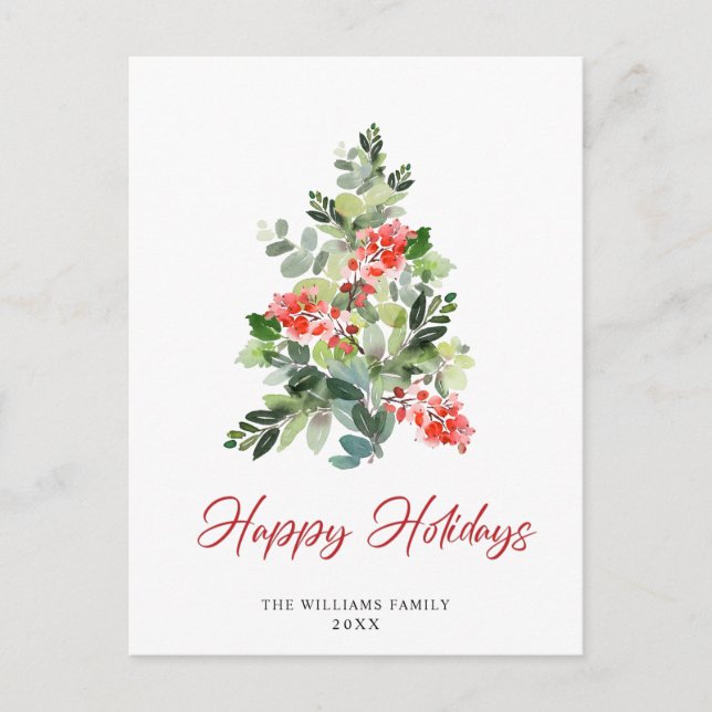 Festive Holly Christmas Tree Greeting Holiday Postcard (Front)