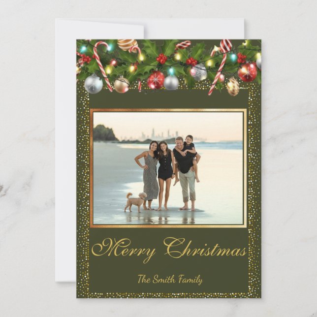 Festive Holly Garland | Gold Glitter Photo Holiday Card (Front)