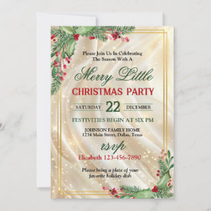 Festive Holly Gold Border Christmas Party Invitation