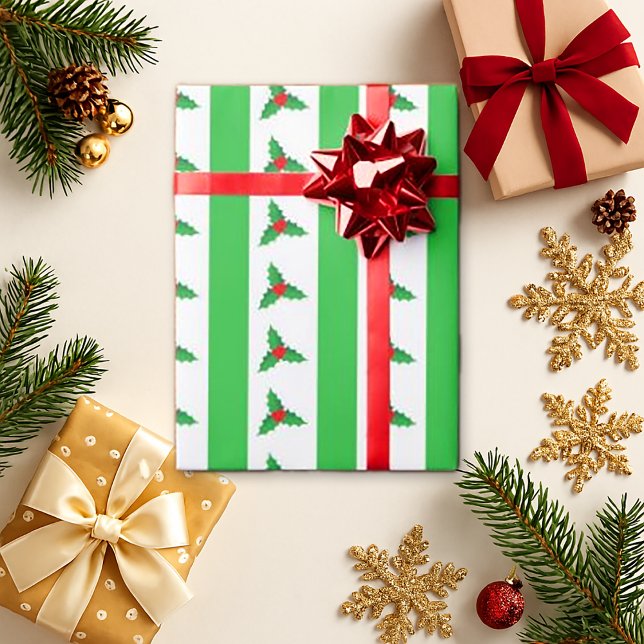 Festive Holly Green Stripes Christmas Wrapping Paper (Creator Uploaded)