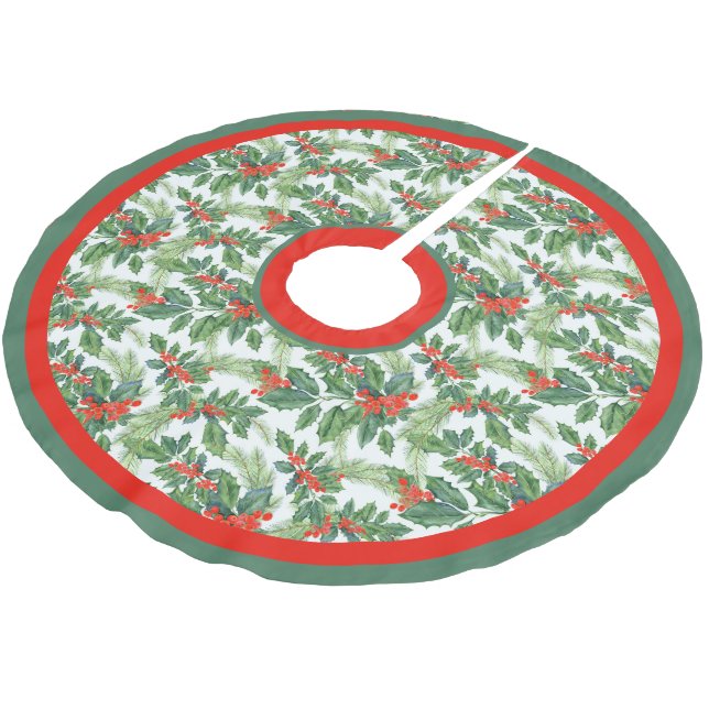 Festive Holly Greens, Pine Boughs and Red Berries Brushed Polyester Tree Skirt (Angled)