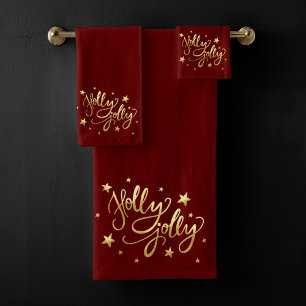 Festive Holly Jolly Christmas   Red Gold Stars Bath Towel Set