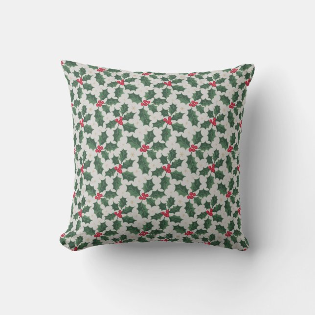 “Festive Holly Leaves & Red Berries Christmas Thro Cushion (Front)