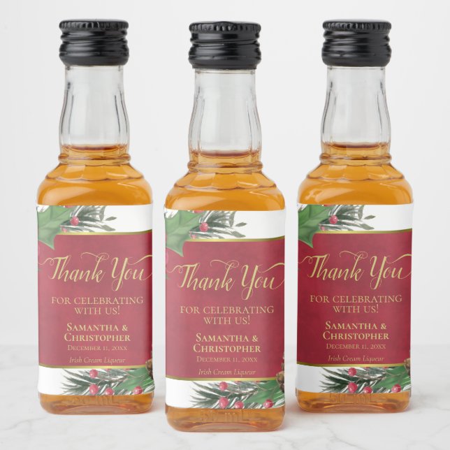Festive Holly & Pine Thank You Wedding Mini Liquor Bottle Label (Bottles)