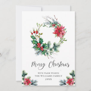 Festive Holly Poinsettia Wreath Christmas Greeting Holiday Card