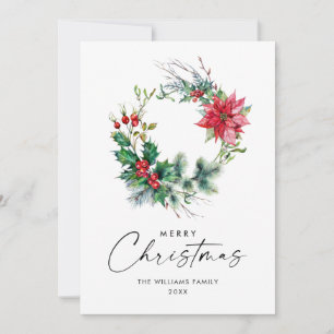 Festive Holly Poinsettia Wreath Christmas Greeting Holiday Card