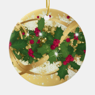 Festive Holly Ribbon — Elegant Christmas Design Ceramic Tree Decoration