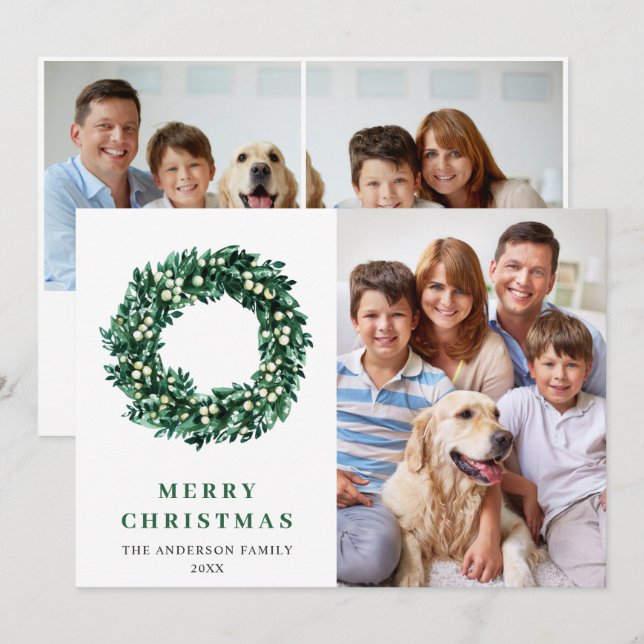 Festive Holly Wreath Christmas 3 PHOTO Greeting Holiday Card (Front/Back)