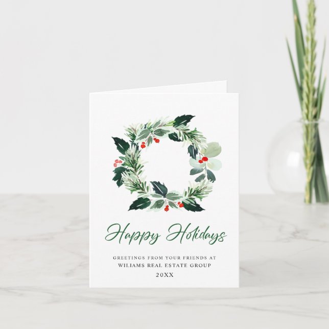 Festive Holly Wreath Christmas Corporate Greeting Holiday Card (Front)