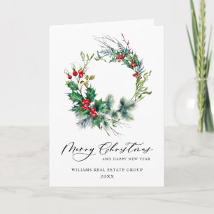 Festive Holly Wreath Christmas Corporate Greeting Holiday Card
