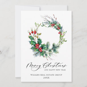 Festive Holly Wreath Christmas Corporate Greeting Holiday Card